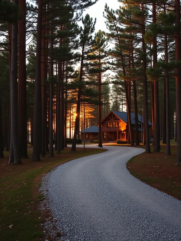Finished gravel driveway through pines